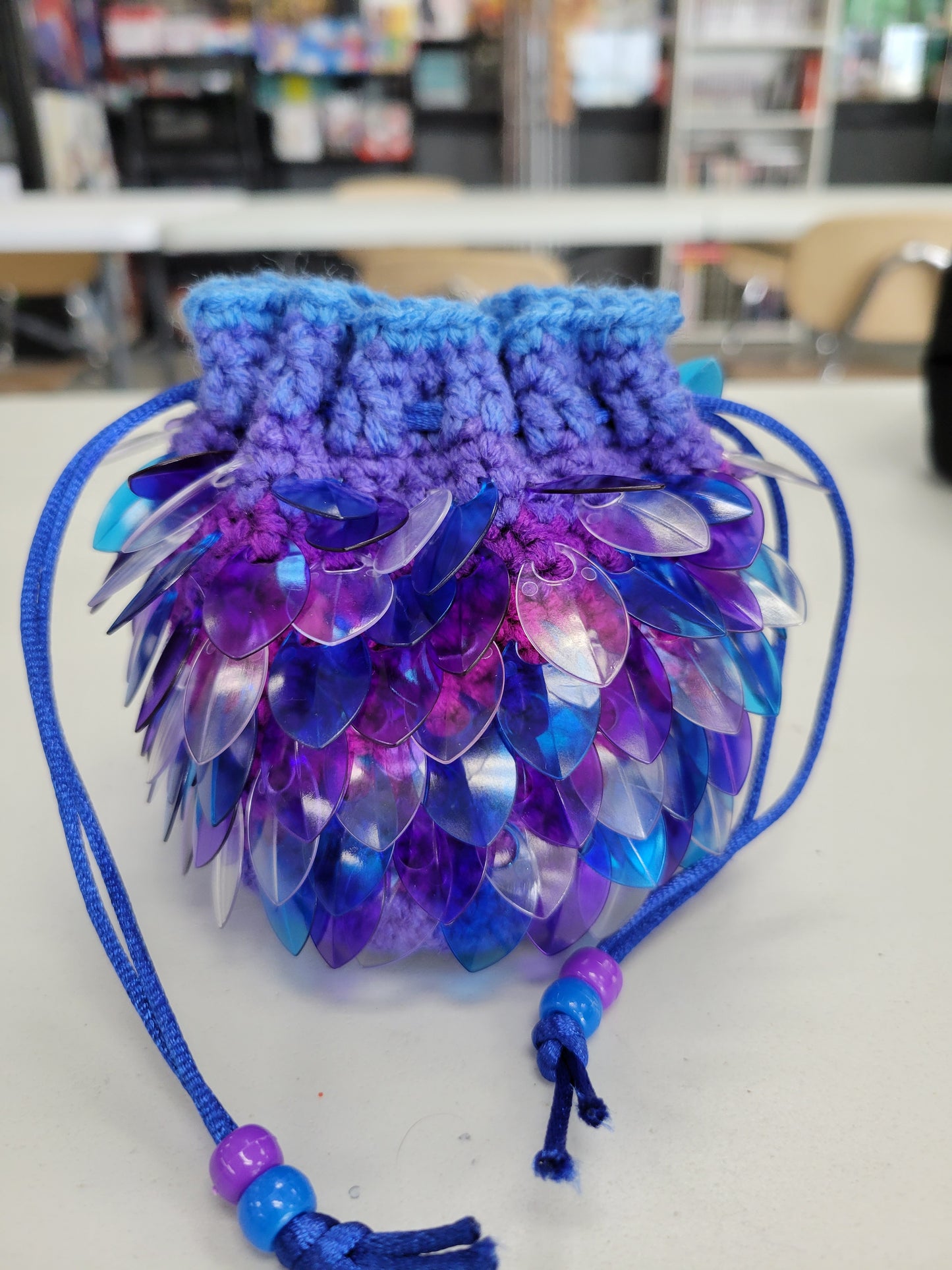 Dragon Scale Dice Bag - Purple, Blue, and Clear Plastic Scales
