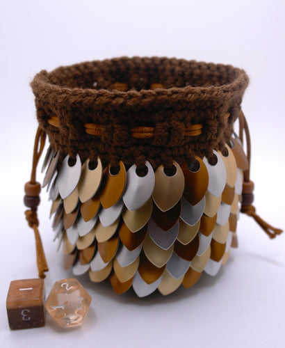 Bronze Dragon Dice Bag - Brown, Bronze, & Silver Metallic Scales and brown yarn