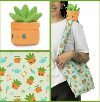 Plushie Tote Bag: Green Gardening Tote Bag+ Green Succulent Plushie