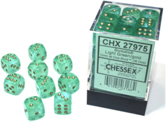 Borealis: 12mm D6 Light Green/ Gold