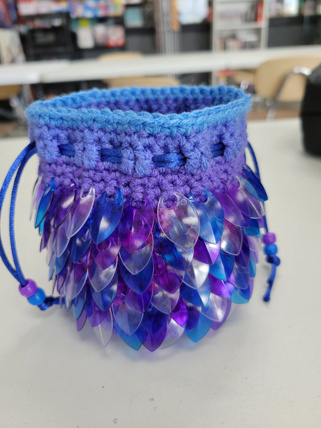 Dragon Scale Dice Bag - Purple, Blue, and Clear Plastic Scales