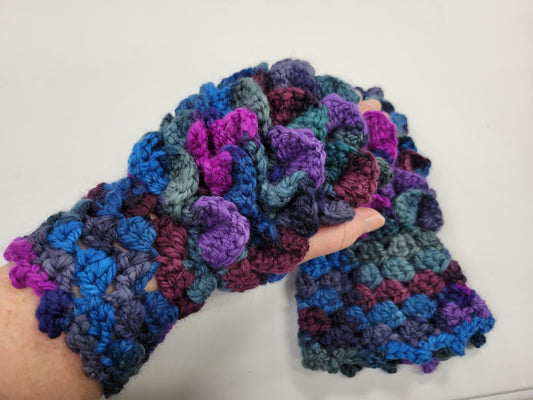 Crocheted Dragonscale Fingerless Gloves - Cool Colors