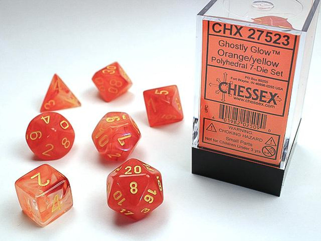 Transparent orange 7 piece dice set with yellow numbers