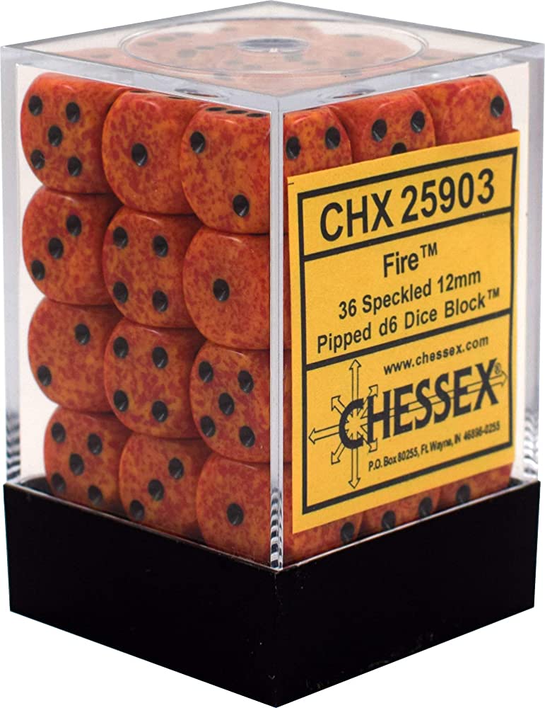 Orange red and yellow speckled d6 dice set with black numbers