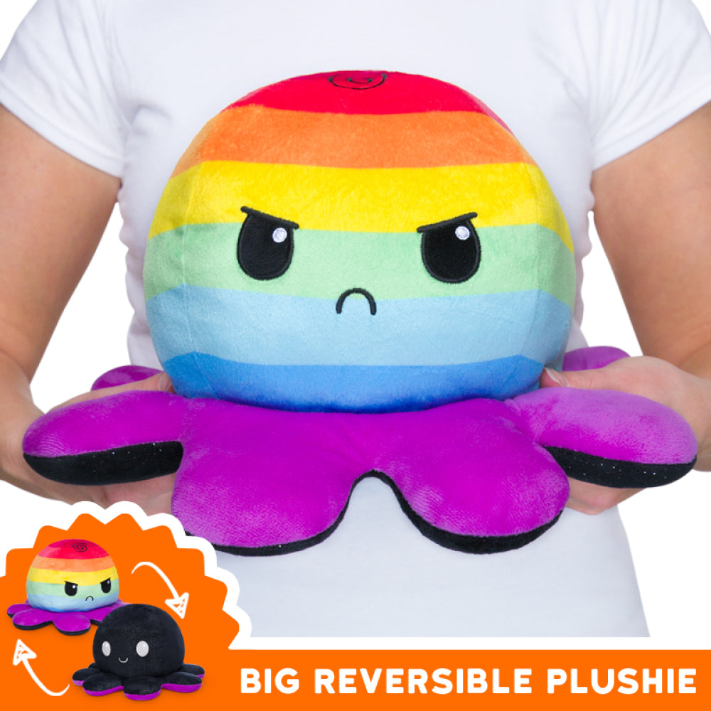 BIG Reversible Octopus Plush: Happy Black Sparkle and Angry Rainbow Stripes