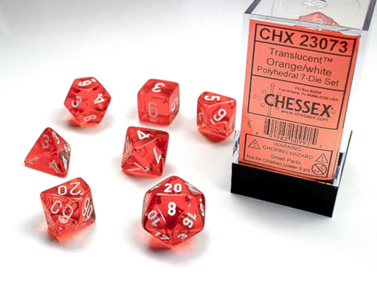 7 piece translucent orange dice set with white numbers