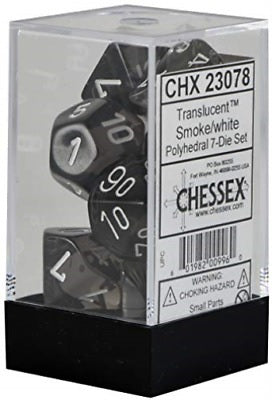 7 piece dice set translucent smoke with white numbers