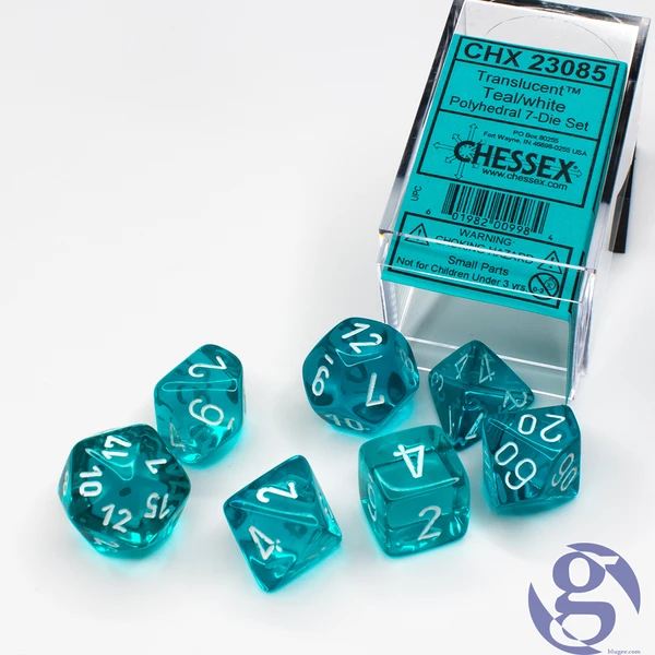 7 piece translucent teal dice set with white numbers