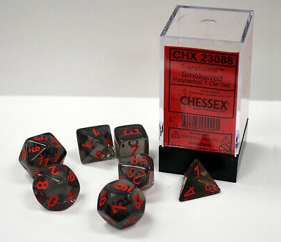7 piece dice set translucent smoke with red numbers