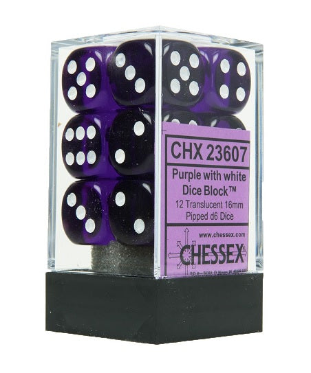 12 piece 16mm d6 dice set purple with white numbers