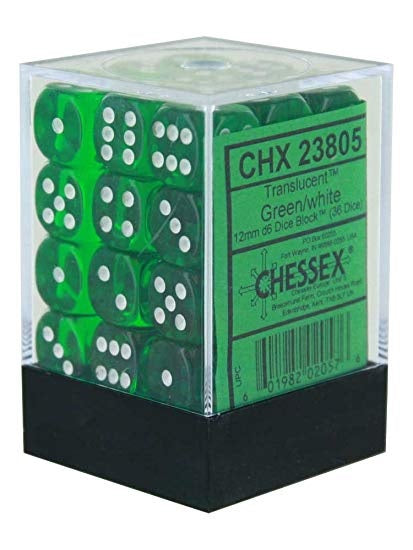 36 piece d6 dice set translucent green with white numbers