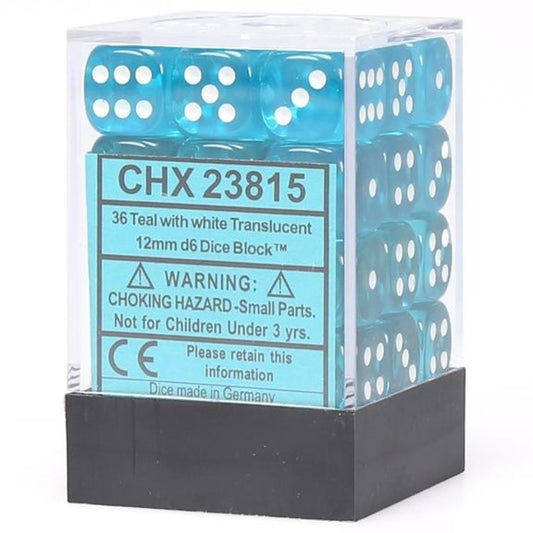 36 piece Translucent teal 12mm d6 dice set with white numbers