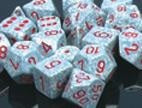 Speckled white dice with red numbers, set of 7.