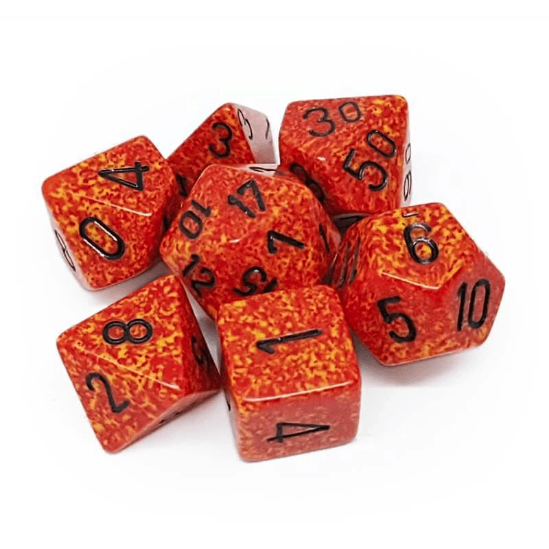 7 piece red and orange dice set with black numbers