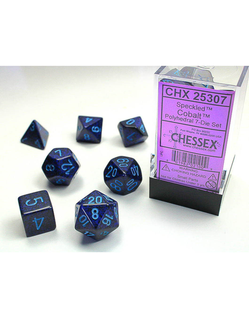 7 piece black and blue dice set with light blue numbers