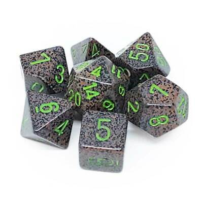 7 piece brown, gray, and black dice set with green numbers