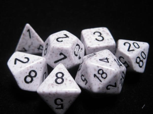 7 piece white and gray dice set with black numbers