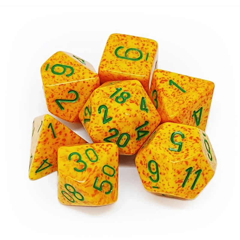 7 piece yellow and red dice set with green numbers
