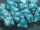 7 piece speckled teal dice set with white numbers.