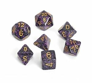 7 piece light purple and black dice set with gold numbers