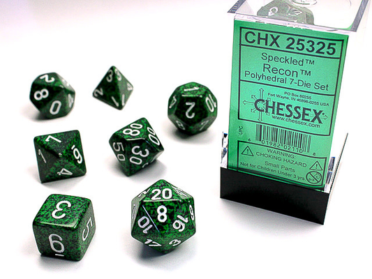 7 piece green and black dice set with white numbers