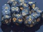7 piece dice set speckled blue with yellow numbers