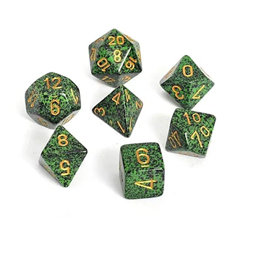 7 piece green and black dice set with gold numbers