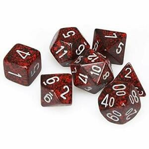7 piece dice set speckled black and red with white numbers.