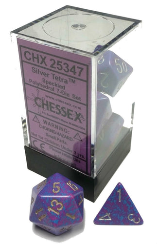 7 piece dice set speckled blue and purple with silver numbers.
