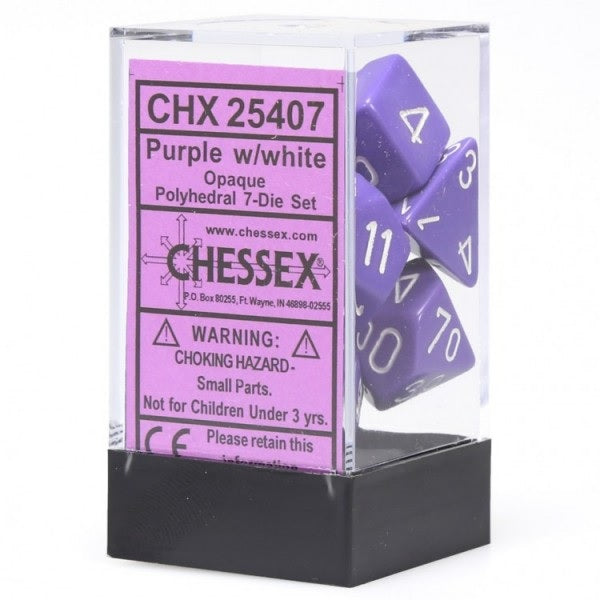 7 piece opaque purple with white numbers dice set