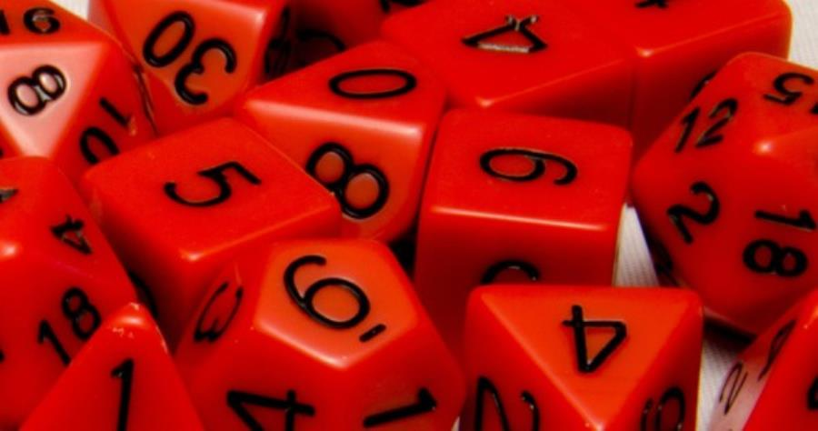 7 piece red dice set with black numbers