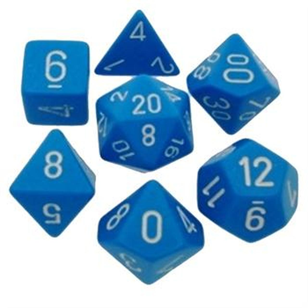 7 piece light blue dice set with white numbers