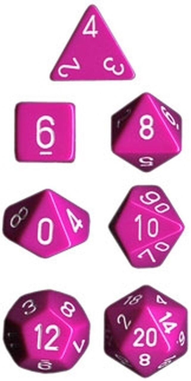 7 piece light purple dice set with white numbers