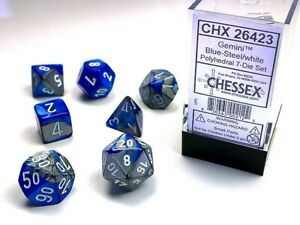 7 piece blue and steel color dice set with white numbers