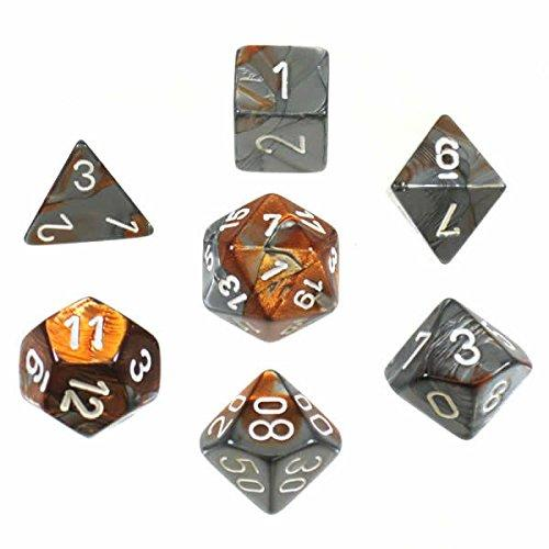 7 piece copper and steel colored dice set with white numbers