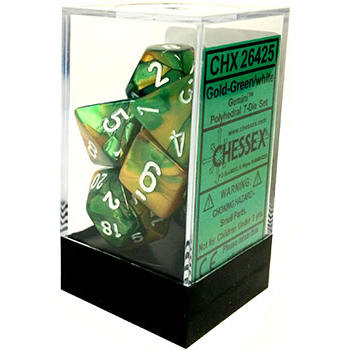 7 piece green and gold dice set with white numbers.