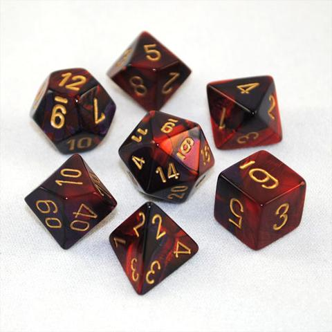 7 piece purple and red dice set with gold numbers
