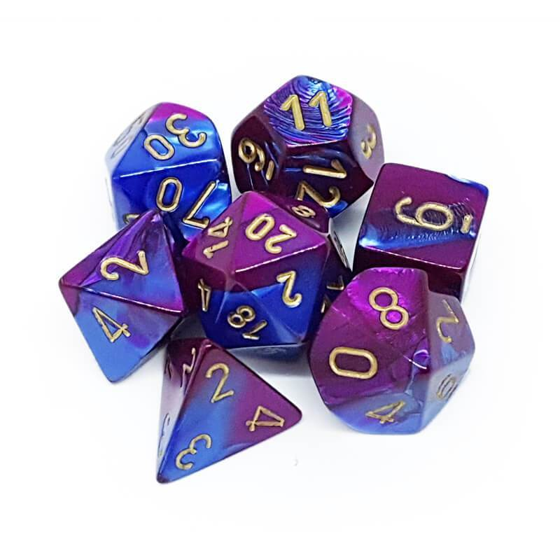 7 piece blue and purple dice set with gold numbers