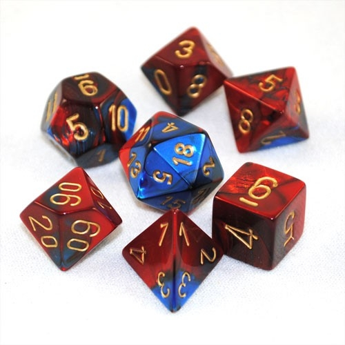 7 piece red and blue dice set with gold numbers