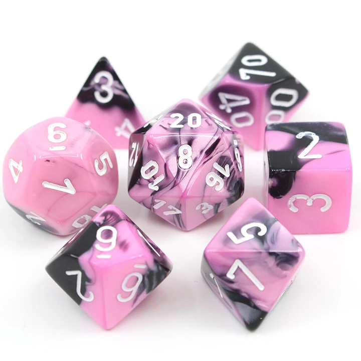 7 piece black and pink dice set with white numbers