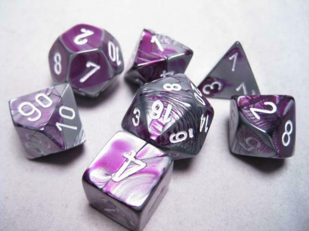 7 piece purple and steel color dice set with white numbers