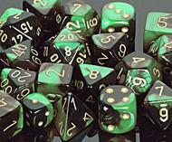 7 piece green and black dice set with gold numbers