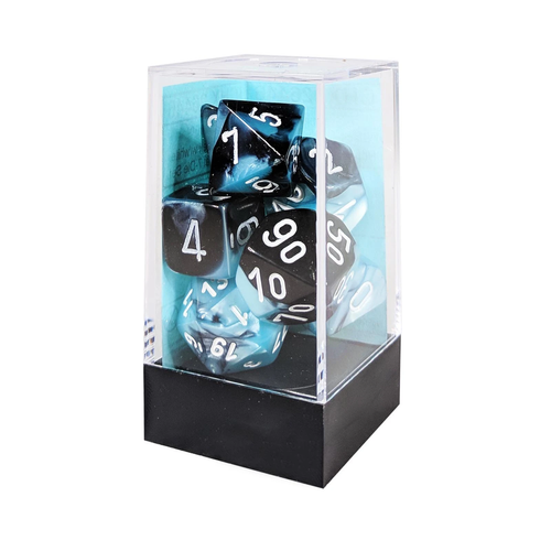 7 piece black and blue shell dice set with white numbers