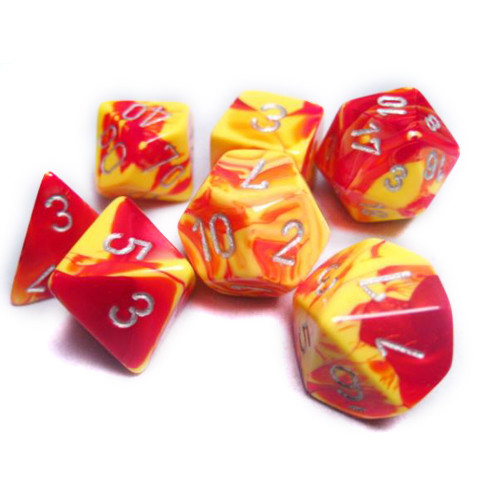 7 piece red and yellow dice set with silver numbers