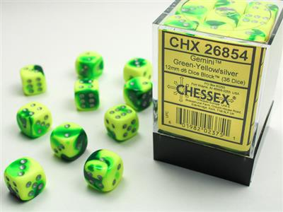 Gemini Green-Yellow/Silver d6 Dice Set (36d6)