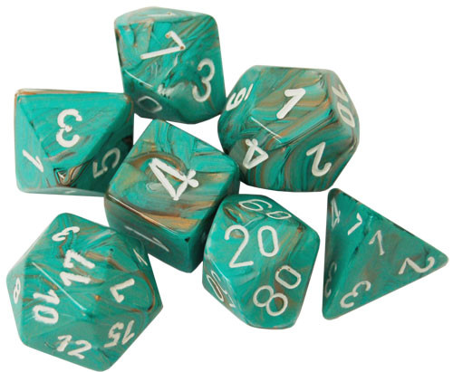 7 piece marble turquoise and copper dice set with white numbers