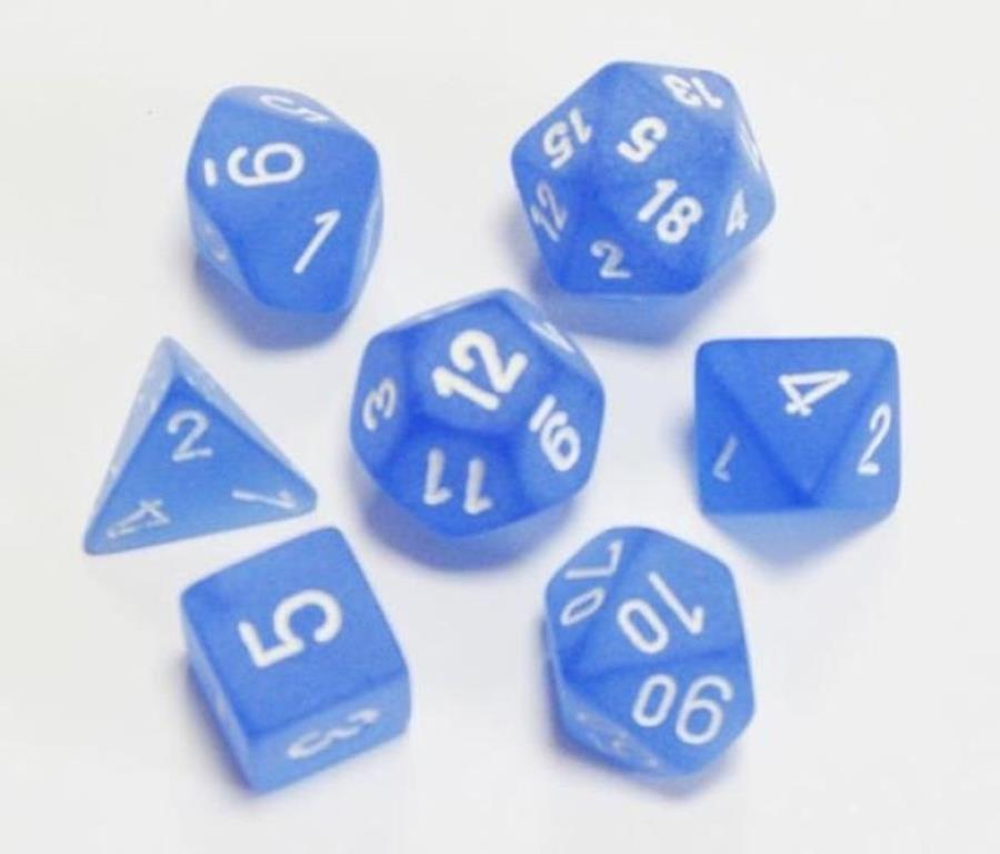 7 piece frosted blue dice set with white numbers