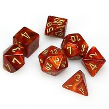 7 piece scarlet and orange dice set with gold numbers
