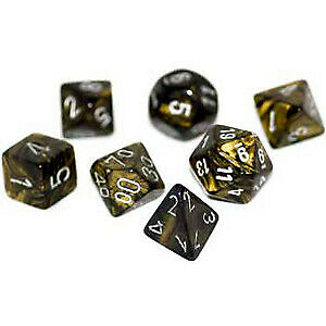 7 piece black and gold dice set with silver numbers