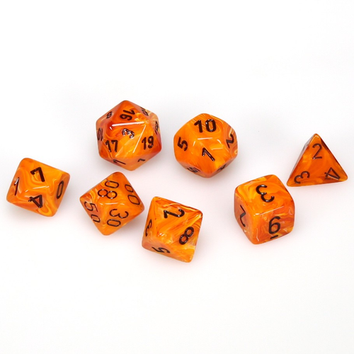 7 piece dice set orange swirl with black numbers